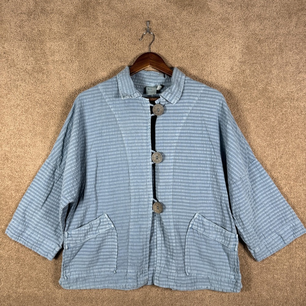 Focus Top Womens Medium Blue Artsy Cotton Chambray Lagenlook Pockets Jacket